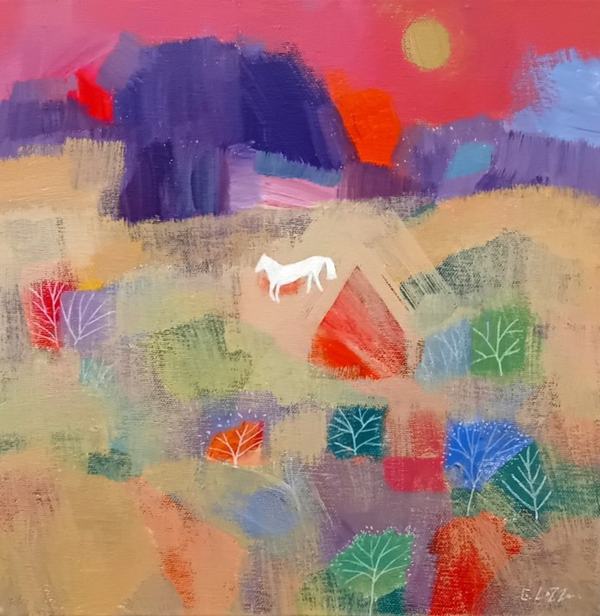 Kilburn Sunset Acrylic on canvas 30 x 30cm Giuliana Lazzerini Available from the blue tree gallery in York