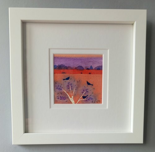 Landscape and Bluebirds Watercolour 9 x 9cm Framed 23 x 23cm £95-f