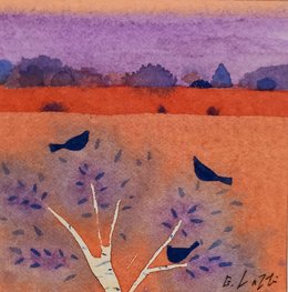 Landscape and Bluebirds Watercolour 9 x 9cm Framed 23 x 23cm £95
