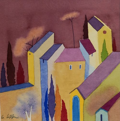 Rooftop Tuscany Watercolour 14 x 14cm Framed 30 x 30cm £140