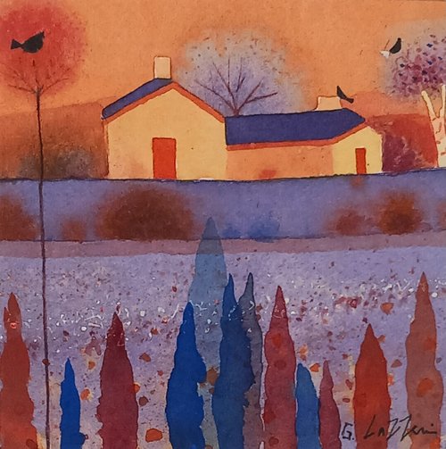 Sunset Cottage Watercolour 10 x 10cm Framed size 30 x 30cm £120-1