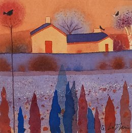 Sunset Cottage Watercolour 10 x 10cm Framed size 30 x 30cm £120-1