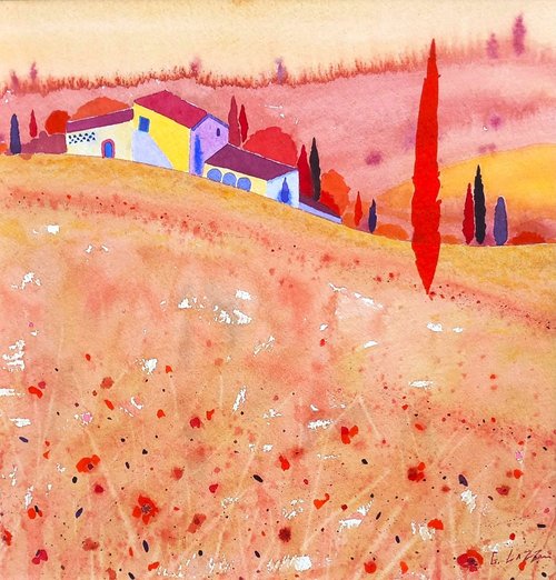 poppy field, tuscany watercolour