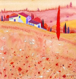 poppy field, tuscany watercolour